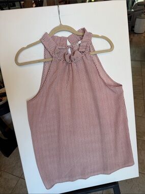 Heyday-Sleeveless Ruffle Neck Striped Tank Top - Pink